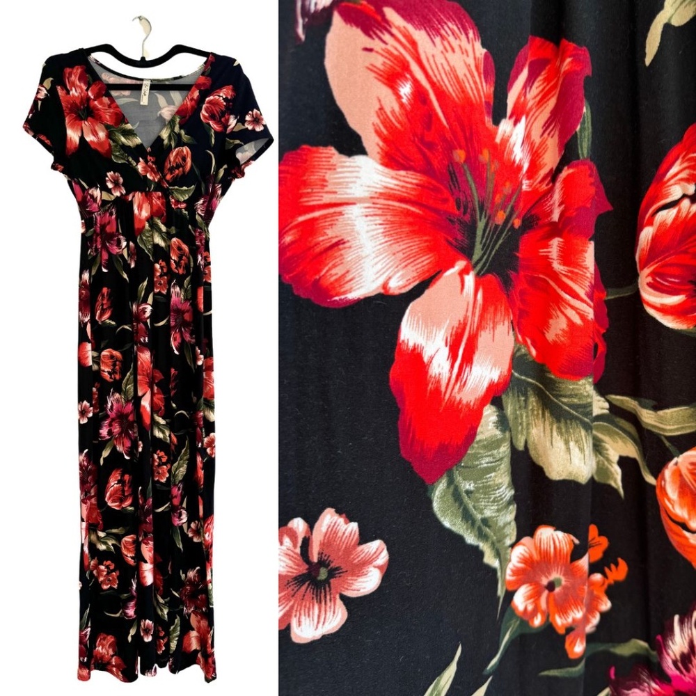 Hawaiian Floral Black Maxi Dress